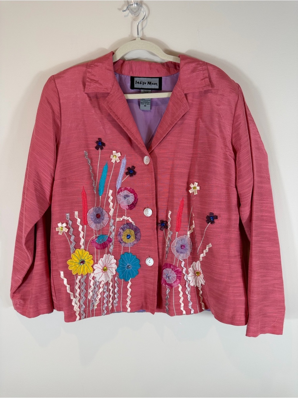 Indigo Moon Women's Pink Appliqué Floral Jacket Blazer Size Medium